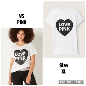 VS PINK White Pink Originals Black Glitter Shine Heart Logo Everyday Tee XL NEW